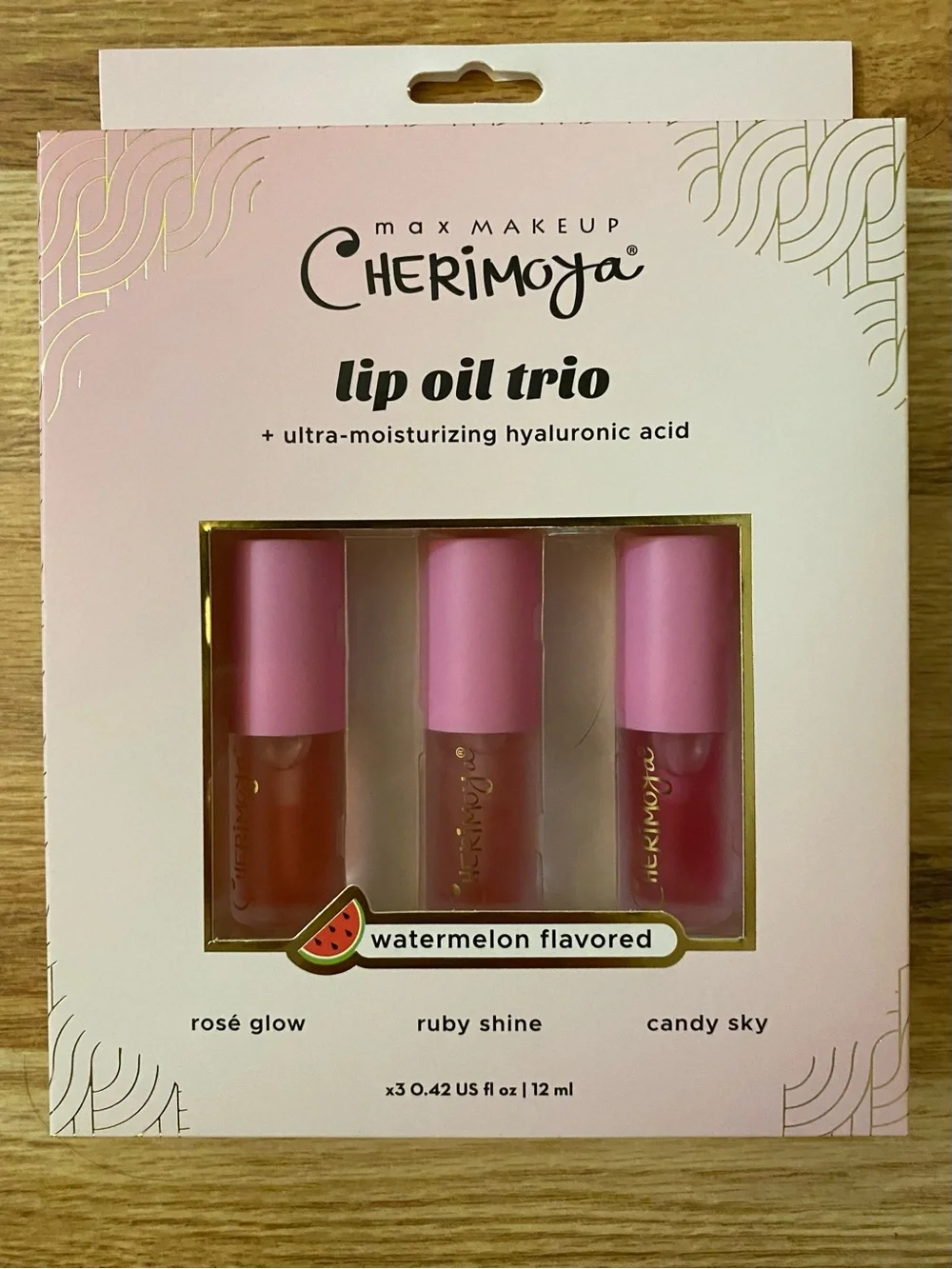 Max Makeup Lip Oil Trio - Watermelon Flavored (Rosé Glow, Ruby Shine, Candy Sky